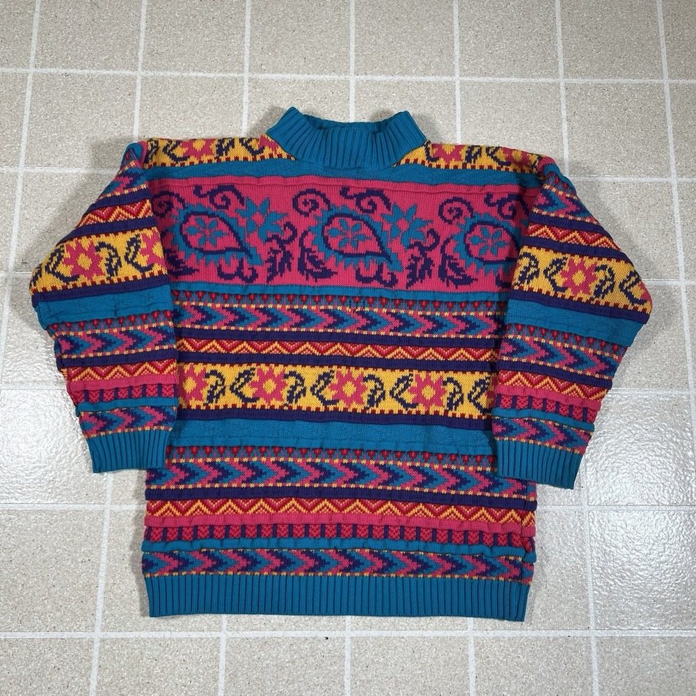 Vintage Arielle Geometric 3D Knit Sweater Cable Colorful Coogi Made In USA Sz M